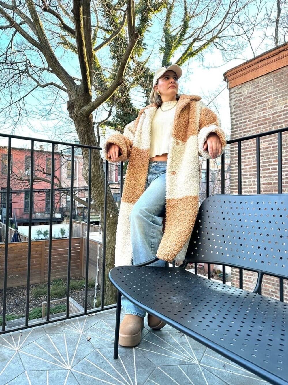 STAND STUDIO Brown White Checkered Pattern Faux Fur Oversized Nikki Coat Size 44